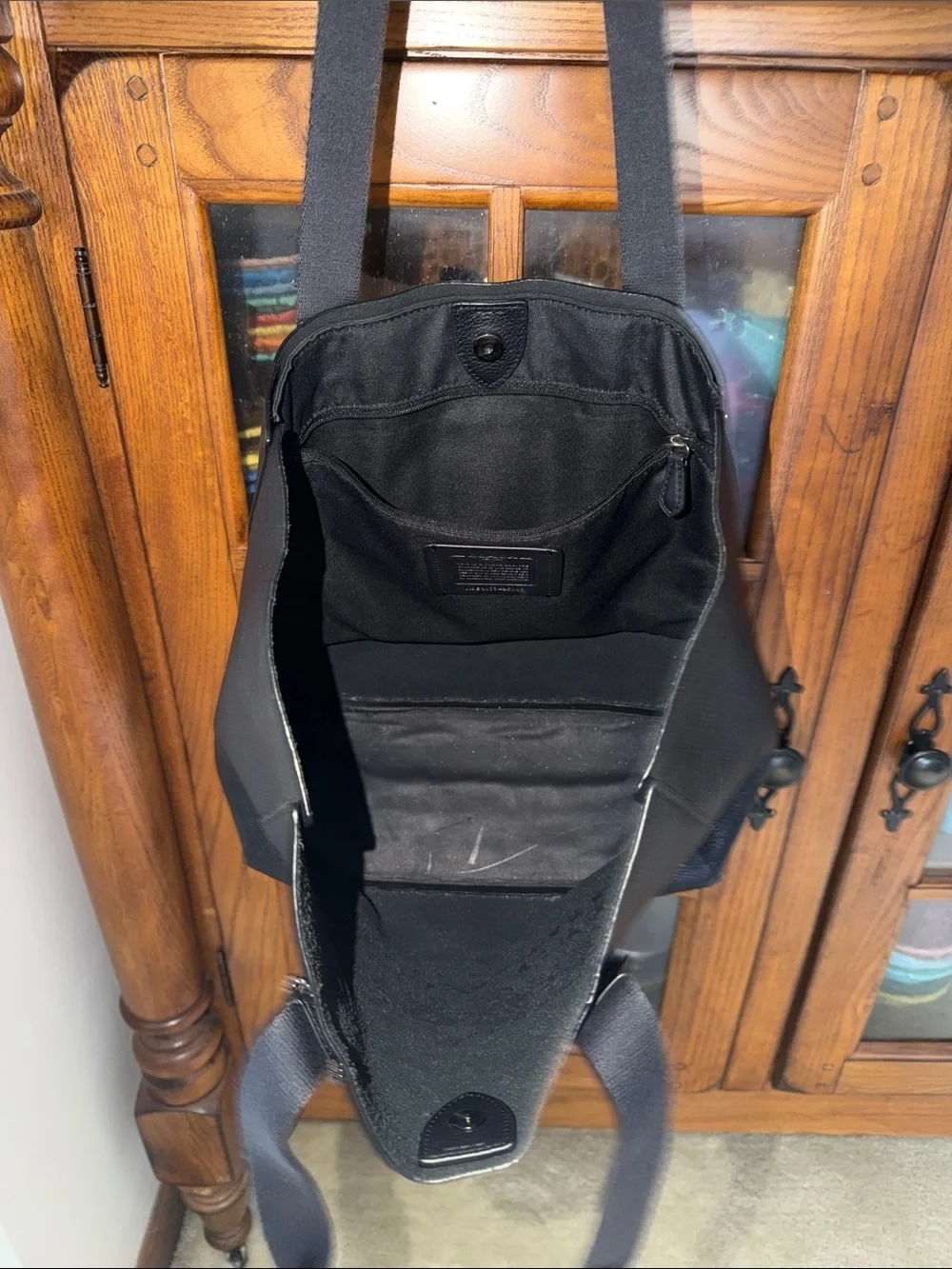Coach Black Leather Tote with Embossed Horse & Carriage Logo